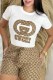 Deep Coffee Casual Print Letter O Neck Short Sleeve Two Pieces