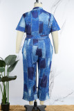 Blue Casual Print Patchwork Mandarin Collar Plus Size Jumpsuits