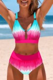 Rose Red Sexy Print Hollowed Out Backless Swimwears (With Paddings)