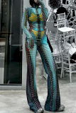 Colour Street Print Patchwork Mesh Turtleneck Long Sleeve Two Pieces