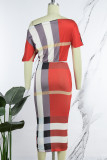 Red Casual Print Patchwork Oblique Collar Short Sleeve Dress Dresses