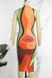 Green Orange Sexy Print Basic Turtleneck Sleeveless Dress Dresses