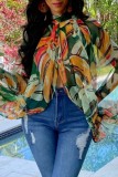 Blue Casual Print Patchwork Slit Half A Turtleneck Tops