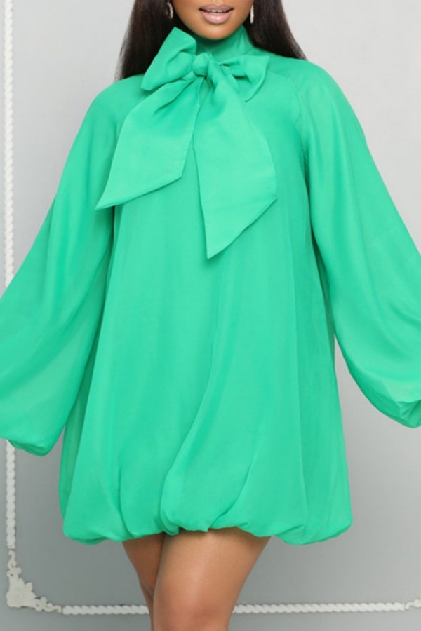 Green Casual Solid Patchwork With Bow Turtleneck Long Sleeve Dresses