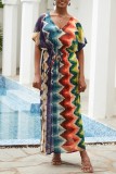 Rainbow Color Casual Print Patchwork Slit V Neck Beach Dress Dresses