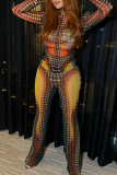 Colour Street Print Patchwork Mesh Turtleneck Long Sleeve Two Pieces