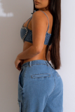 The cowboy blue Sexy Casual Solid Bandage Backless Rhinestone Spaghetti Strap Tops