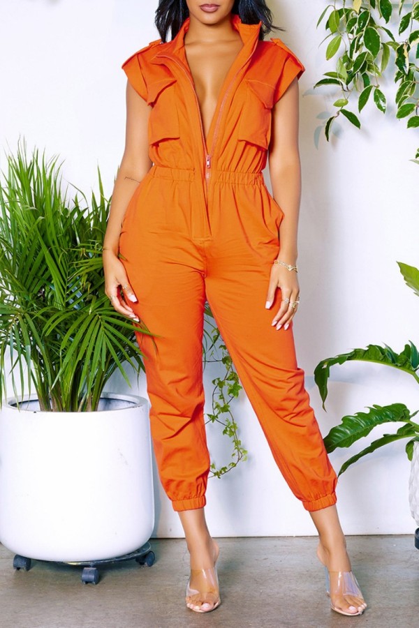 Orange Casual Solid Patchwork Zipper Collar Regular Jumpsuits