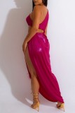 Rose Red Sexy Solid Hollowed Out Patchwork Oblique Collar Long Dress Dresses
