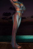 Colour Street Print Patchwork Mesh Turtleneck Long Sleeve Two Pieces