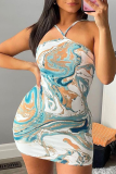 Blue Sexy Print Patchwork Spaghetti Strap One Step Skirt Dresses