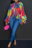 Blue Casual Print Patchwork Slit Half A Turtleneck Tops