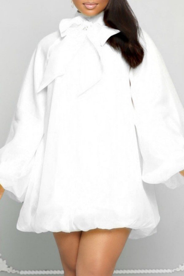 White Casual Solid Patchwork With Bow Turtleneck Long Sleeve Dresses