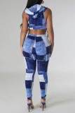 Blue Casual Print Bandage Hooded Collar Sleeveless Two Pieces