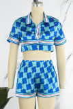 Blue Street Plaid Print Patchwork Letter Turndown Collar Short Sleeve Two Pieces