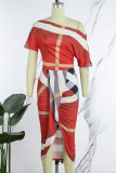 Red Casual Print Patchwork Oblique Collar Short Sleeve Dress Dresses