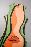 Green Orange Sexy Print Basic Turtleneck Sleeveless Dress Dresses