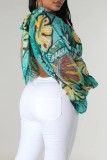 Blue Casual Print Patchwork Slit Half A Turtleneck Tops