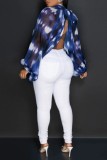 Blue Casual Print Patchwork Slit Half A Turtleneck Tops