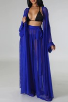 Blue Sexy Solid See-through Cardigan Long Sleeve Two Pieces