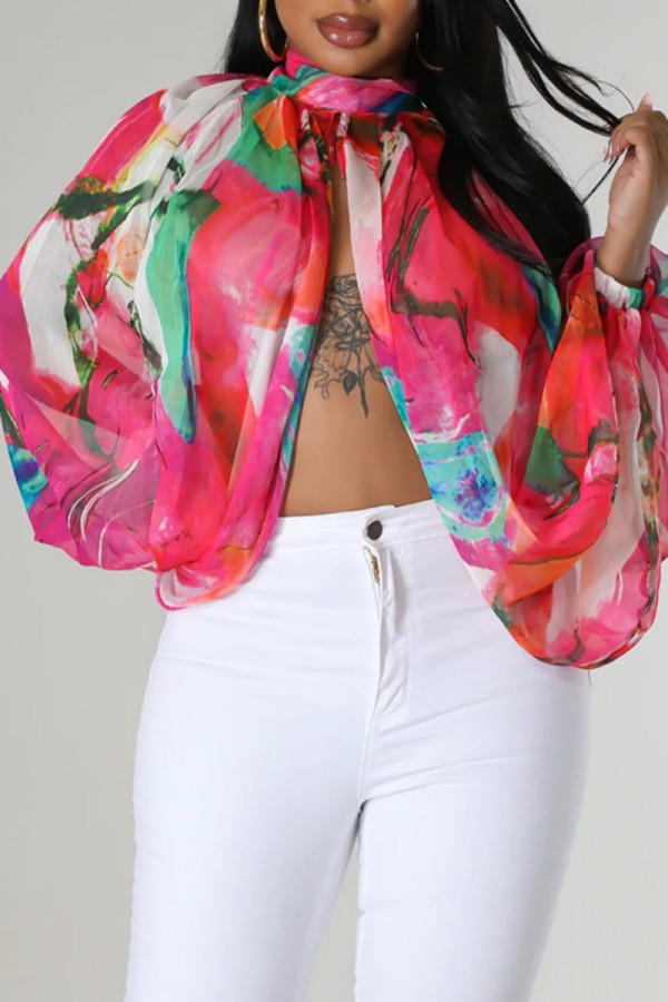 Rose Red Casual Print Patchwork Slit Half A Turtleneck Tops
