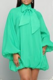 Yellow Casual Solid Patchwork With Bow Turtleneck Long Sleeve Dresses