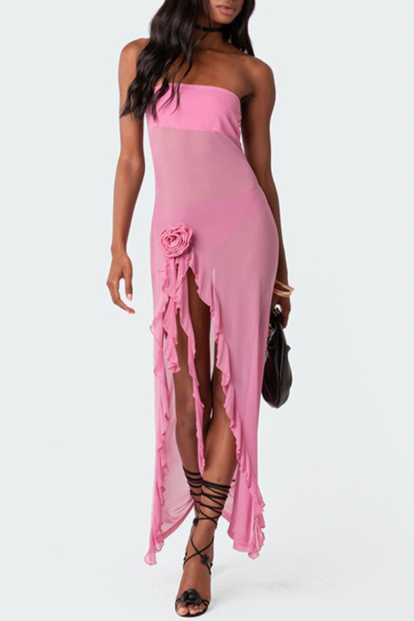 Pink Sexy Solid Patchwork Flounce Slit Strapless Irregular Dress Dresses