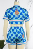 Blue Street Plaid Print Patchwork Letter Turndown Collar Short Sleeve Two Pieces