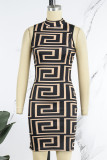 Yellow Sexy Print Patchwork O Neck One Step Skirt Dresses