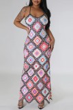 Multicolor Sexy Print Frenulum Backless Spaghetti Strap Long Dress Dresses