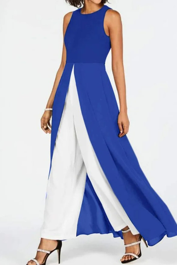 Royal Blue Casual Solid Slit Contrast O Neck Regular Jumpsuits