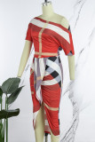 Red Casual Print Patchwork Oblique Collar Short Sleeve Dress Dresses