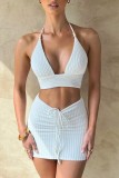 White Sexy Solid Bandage Backless Halter Sleeveless Two Pieces