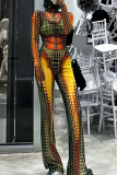 Colour Street Print Patchwork Mesh Turtleneck Long Sleeve Two Pieces