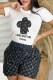 Black Casual Print Letter O Neck Short Sleeve Two Pieces