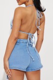 Blue Sexy Casual Solid Bandage Backless Halter Sleeveless Two Pieces