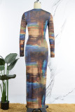 Blue Elegant Print Patchwork O Neck One Step Skirt Dresses
