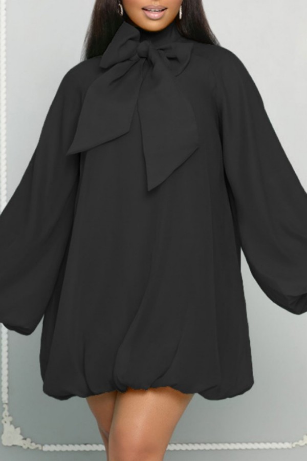Black Casual Solid Patchwork With Bow Turtleneck Long Sleeve Dresses