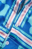 Blue Street Plaid Print Patchwork Letter Turndown Collar Short Sleeve Two Pieces