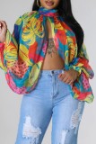 Blue Casual Print Patchwork Slit Half A Turtleneck Tops