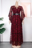 Red Casual Patchwork Hollowed Out See-through O Neck Long Dress Plus Size Dresses