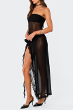 Pink Sexy Solid Patchwork Flounce Slit Strapless Irregular Dress Dresses