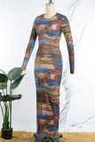 Blue Elegant Print Patchwork O Neck One Step Skirt Dresses