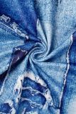 Blue Casual Print Patchwork Mandarin Collar Plus Size Jumpsuits