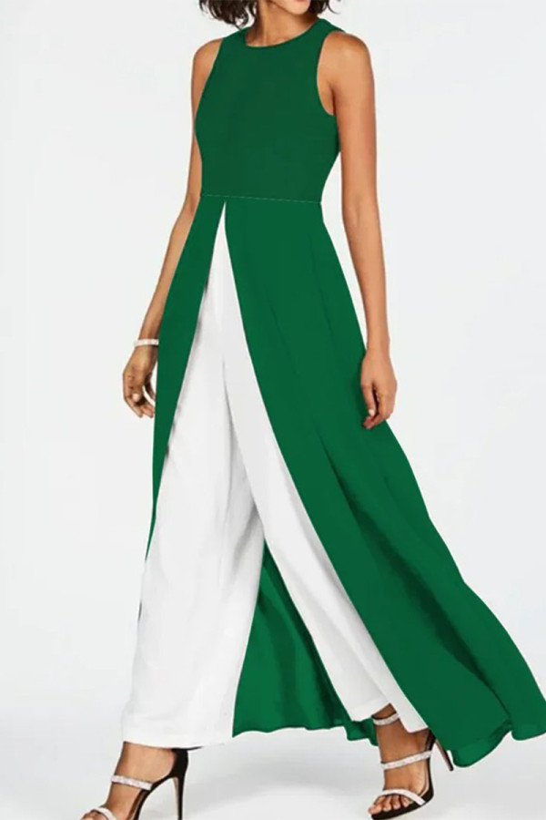 Green Casual Solid Slit Contrast O Neck Regular Jumpsuits