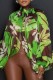 Green Casual Print Patchwork Slit Half A Turtleneck Tops