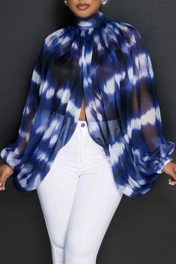 Blue Casual Print Patchwork Slit Half A Turtleneck Tops