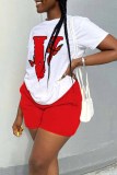 White Red Casual Print Butterfly O Neck Short Sleeve Two Pieces