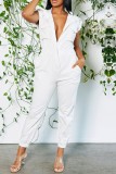 White Casual Solid Patchwork Zipper Collar Regular Jumpsuits