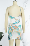 Blue Sexy Print Patchwork Spaghetti Strap One Step Skirt Dresses